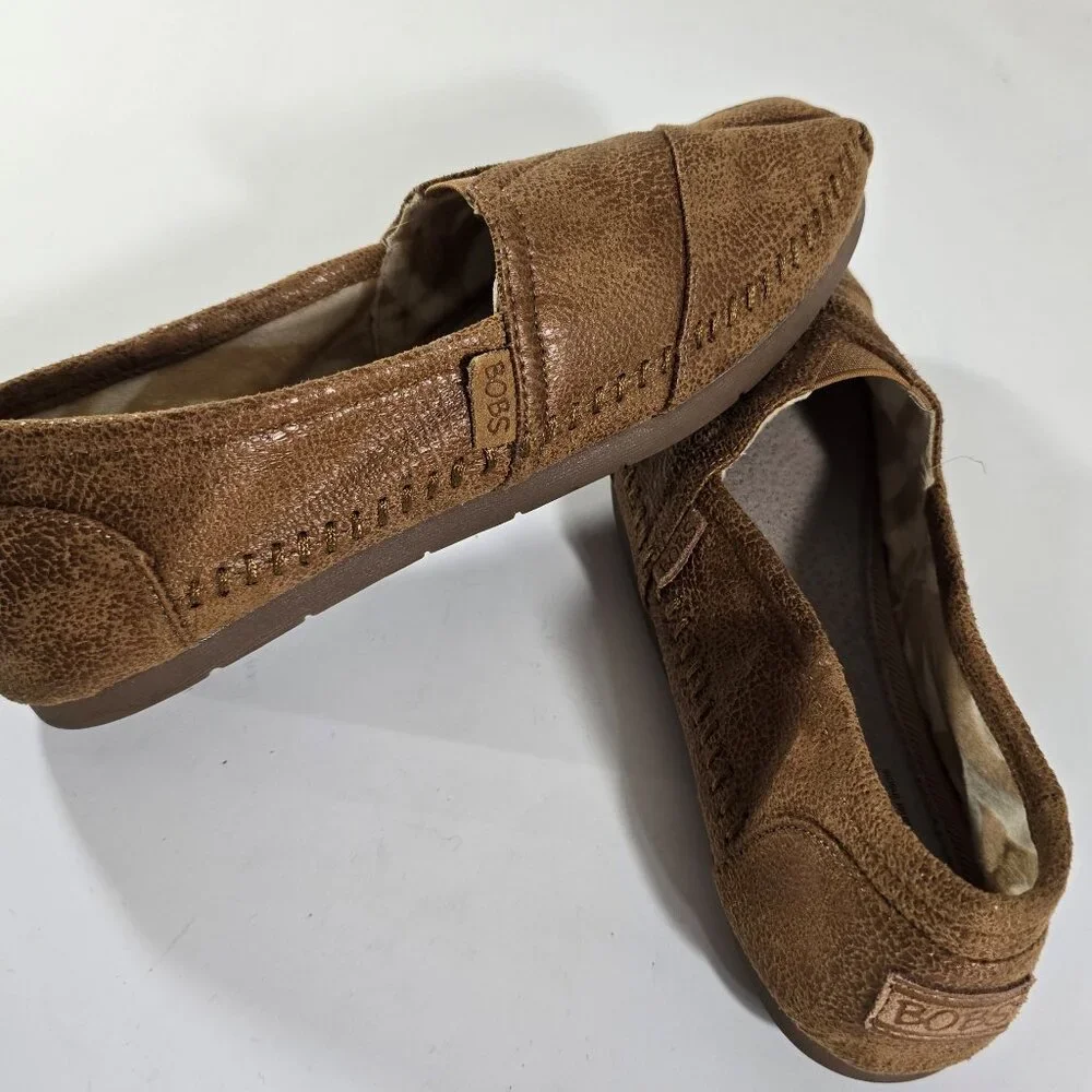 Bobs Womens W 8 Espadrille Memory Foam Brown Leather Look Textile Slip On‎ Shoe